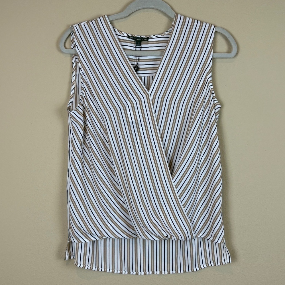 NWT Adrianna Papell Black/White/Tan/Cream Sheer Striped Sleeveless Wrap Blouse